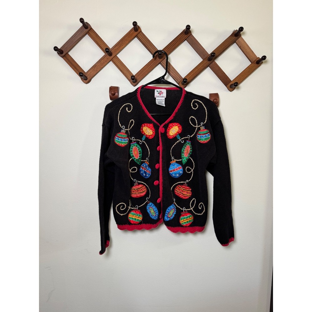Nutcracker Vintage Christmas Ornament Cardigan Sweater Black Red Scallop Medium
